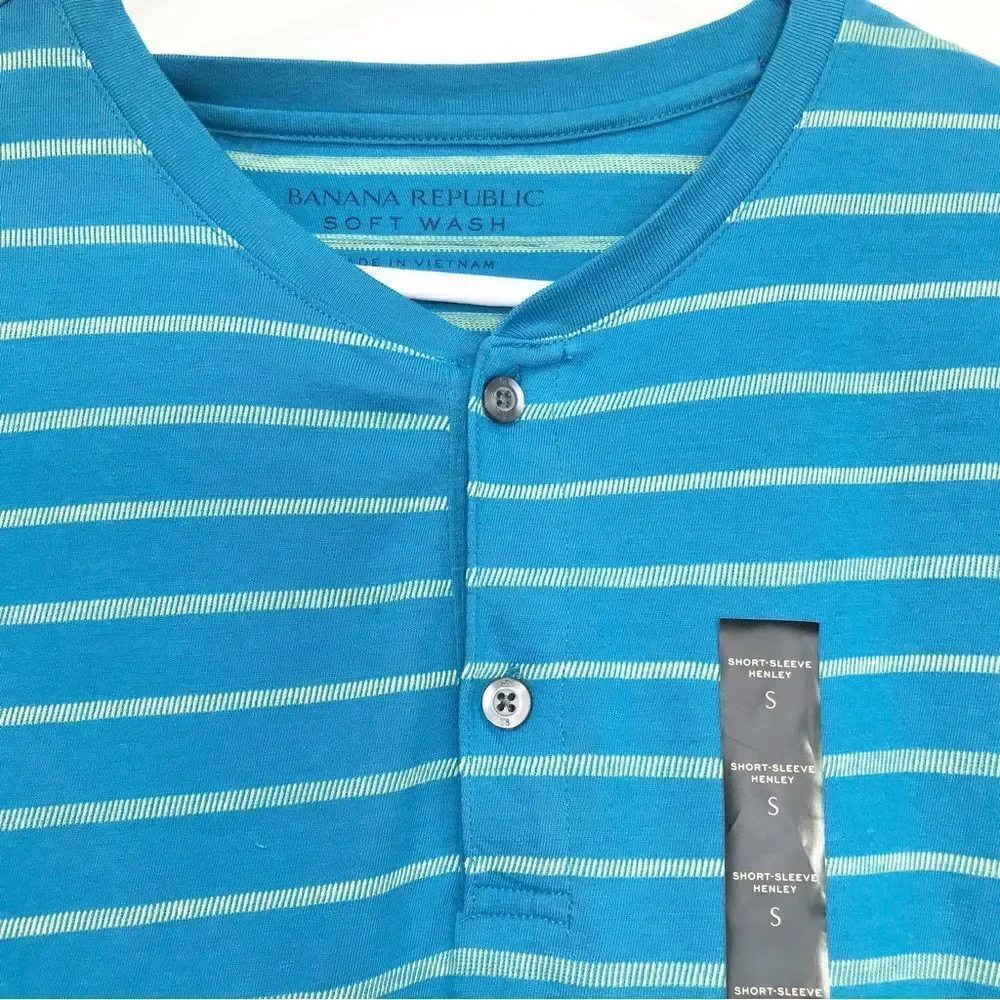 Banana Republic Soft Wash Teal Blue Striped Short Sleeve Henley Shirt